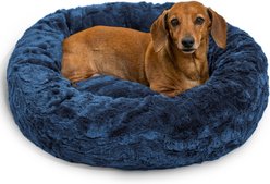 Best Friends by Sheri Calming Lux Fur Donut Cuddler Bolster Cat & Dog Bed, Navy, Small