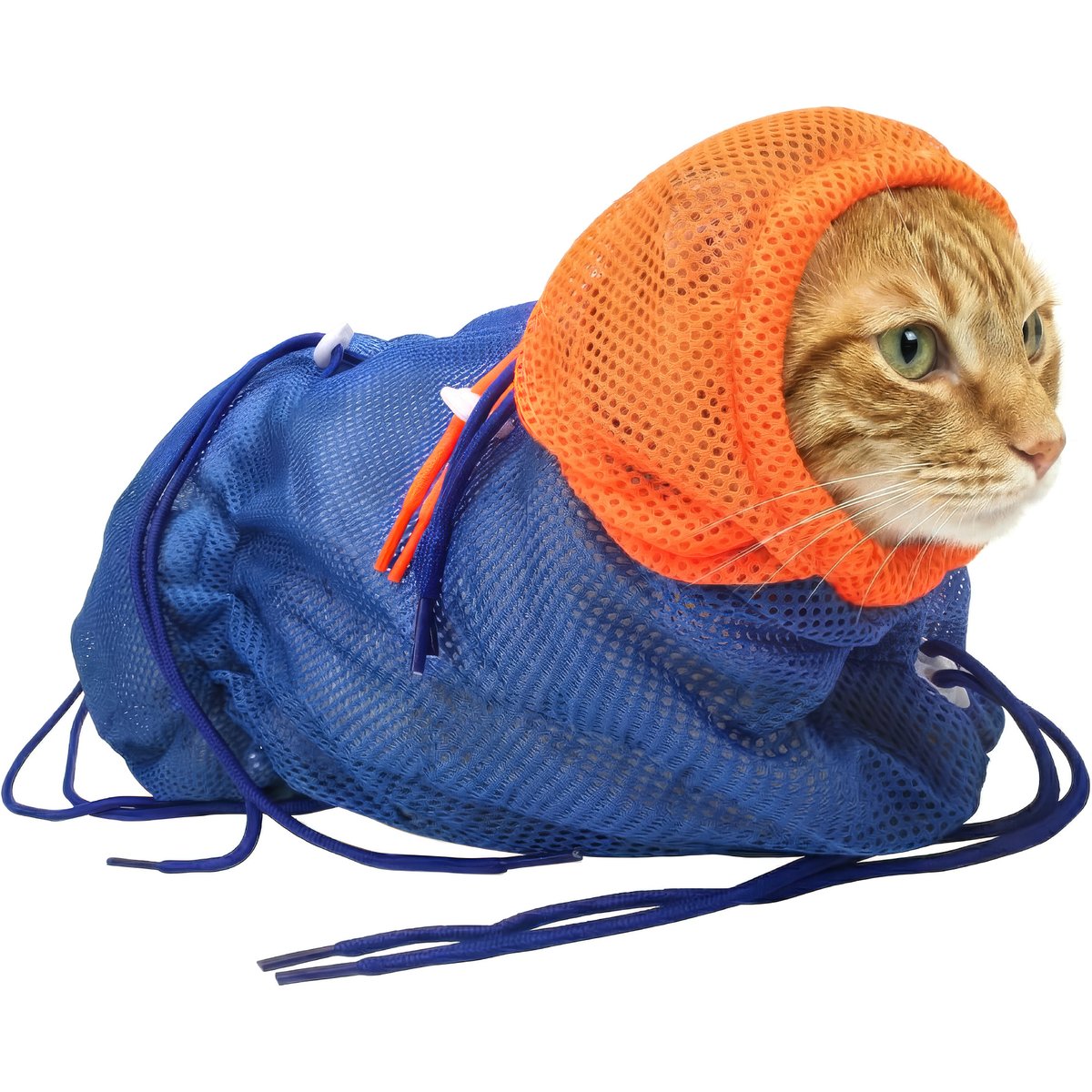 Protecto Cat Grooming Bath Bag with Breathable Mesh & Adjustable Drawstring, Blue/Orange