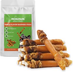 MON2SUN Triple Flavor High-Protein Chicken, Sweet Potato & Duck Wrapped Rawhide Sticks Dog Treats, 10.58-oz bag
