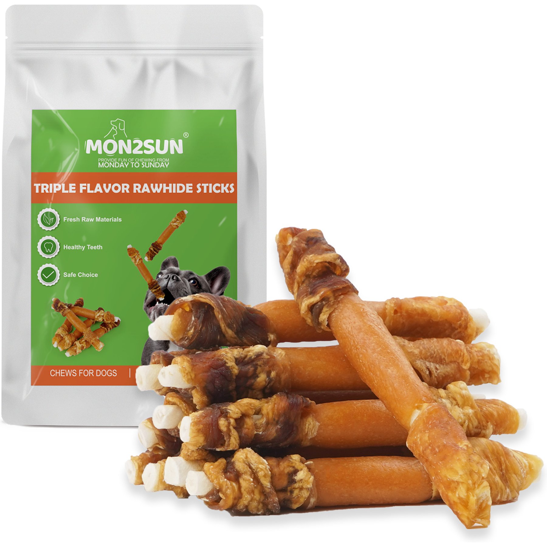 MON2SUN Triple Flavor High-Protein Chicken, Sweet Potato & Duck Wrapped Rawhide Sticks Dog Treats, 10.58-oz bag