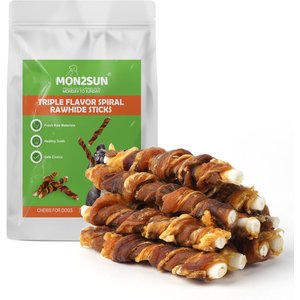 MON2SUN Triple Flavor High-Protein Chicken Liver Duck & Chicken Spiral Rawhide Sticks Dog Treats, 10.58-oz bag