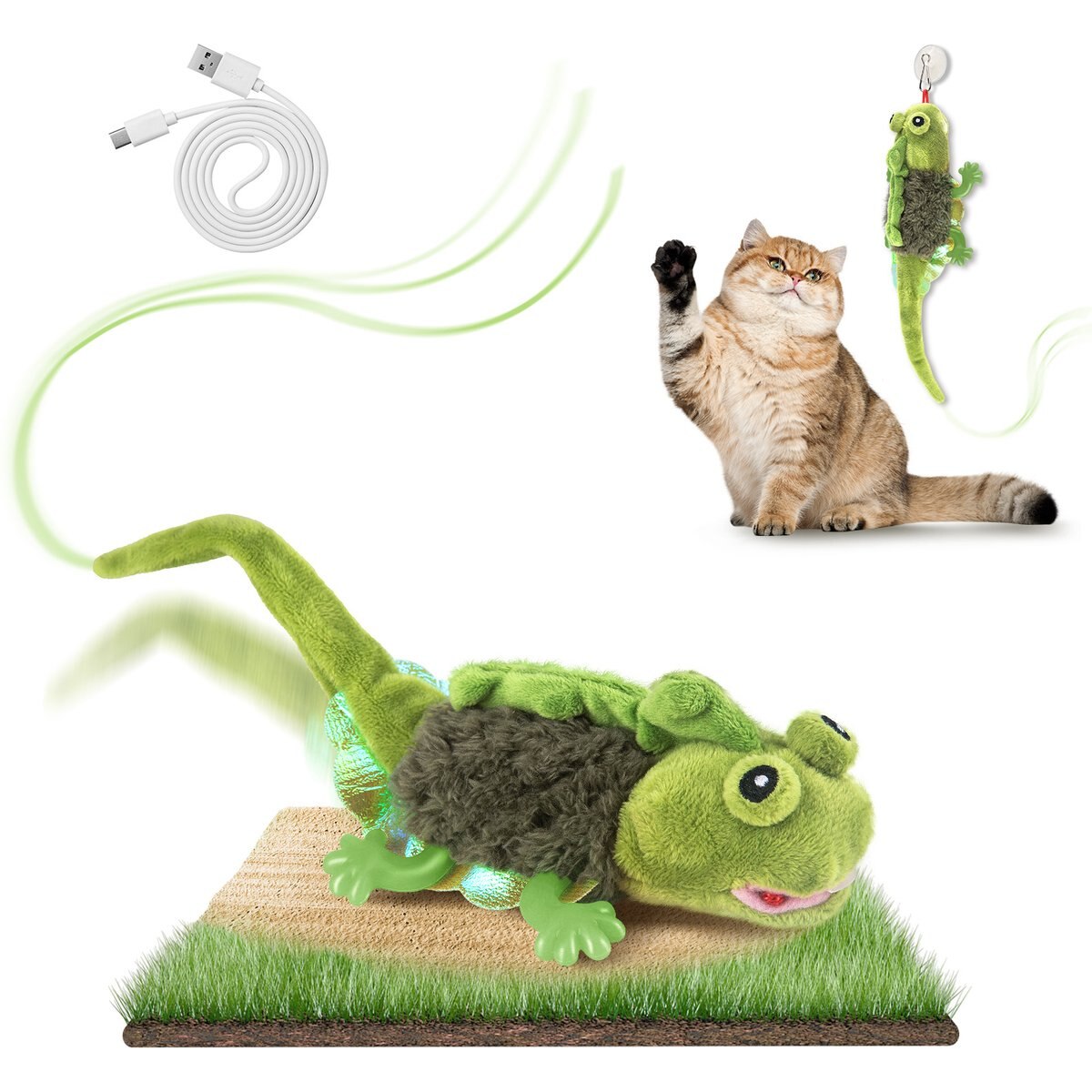 Migipaws Lizard Touch Activated Flapping Chirping Catnip Cat Plush Toy, Green
