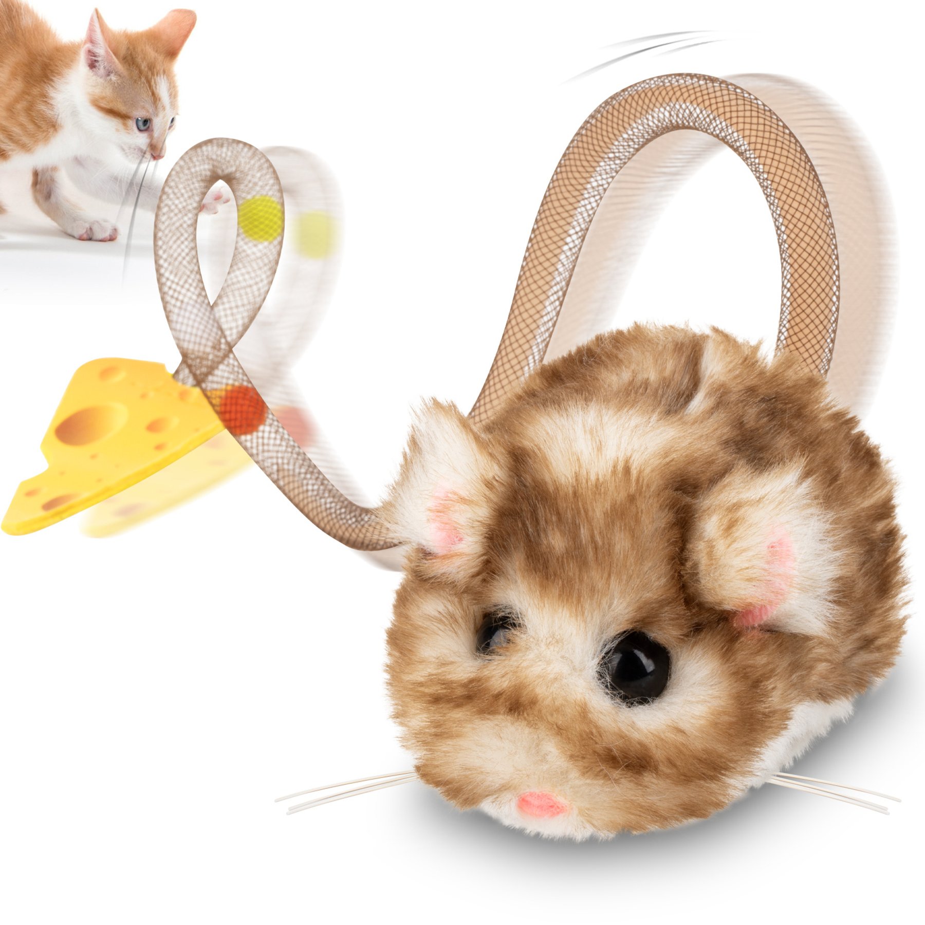 Migipaws Rechargeable Interactive 360 Degree Rolling & Spin Waggle Tail with Mouse Sound & Catnip 4.0 Migimouse Plush Cat Toy, Brown