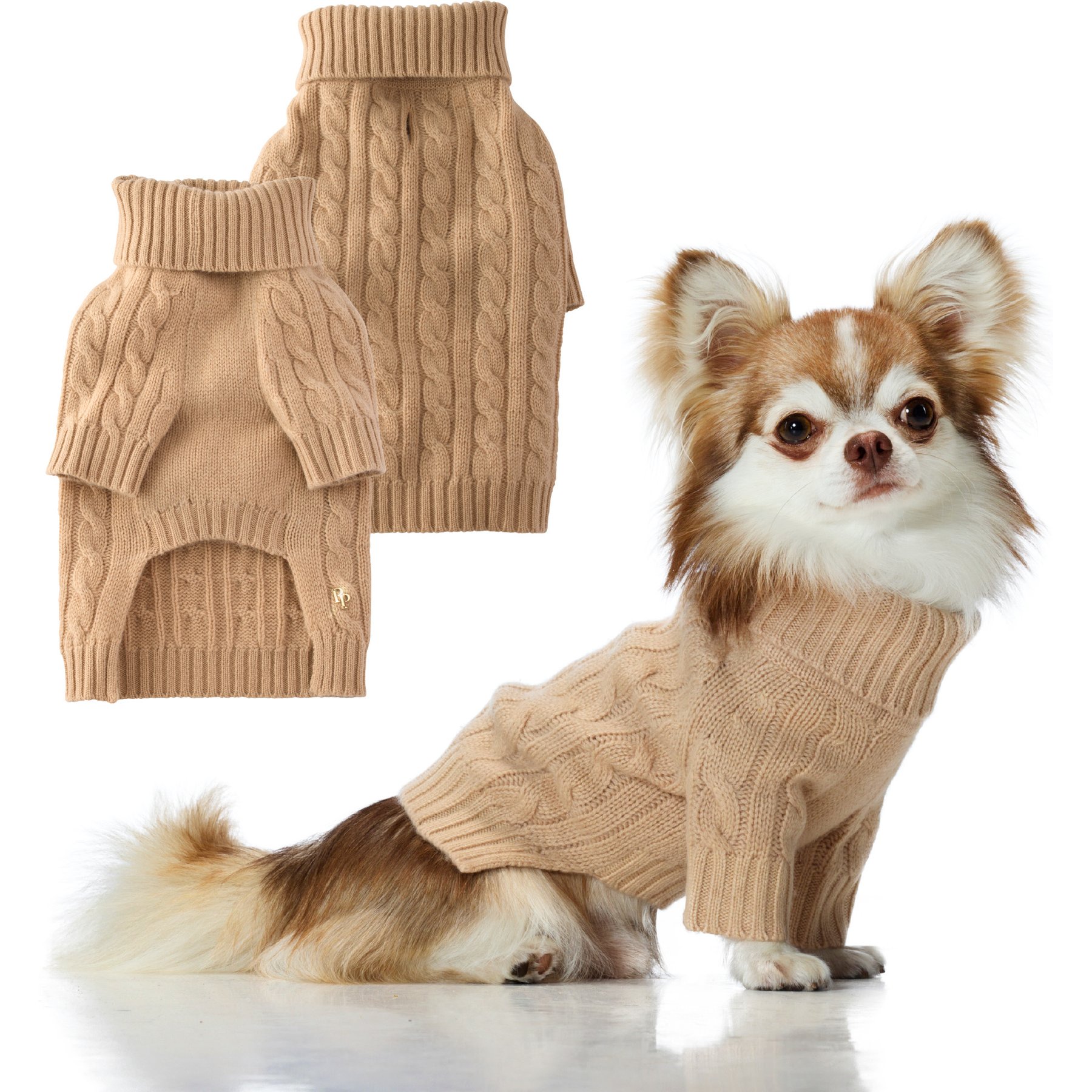 Pet Passion Gable The Cable Knit Wool Cashmere Dog Sweater, Camel, XX-Small