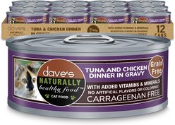 Dave's Pet Food Naturally Healthy Tuna & Chicken Dinner in Gravy Grain-Free Wet Cat Food, 5.5-oz can, case of 12 slide 1 of 7