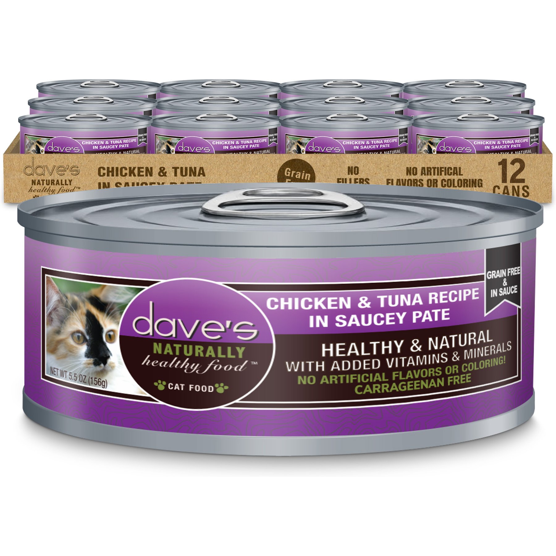 Dave's Pet Food Saucey Pate Chicken & Tuna Recipe Wet Cat Food, 5.5-oz can, case of 12