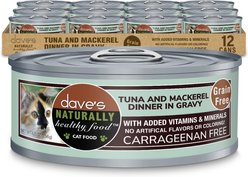 Dave's Pet Food Naturally Healthy Grain-Free Grilled Tuna & Mackerel Dinner in Gravy Wet Cat Food, 5.5-oz can, case of 12
