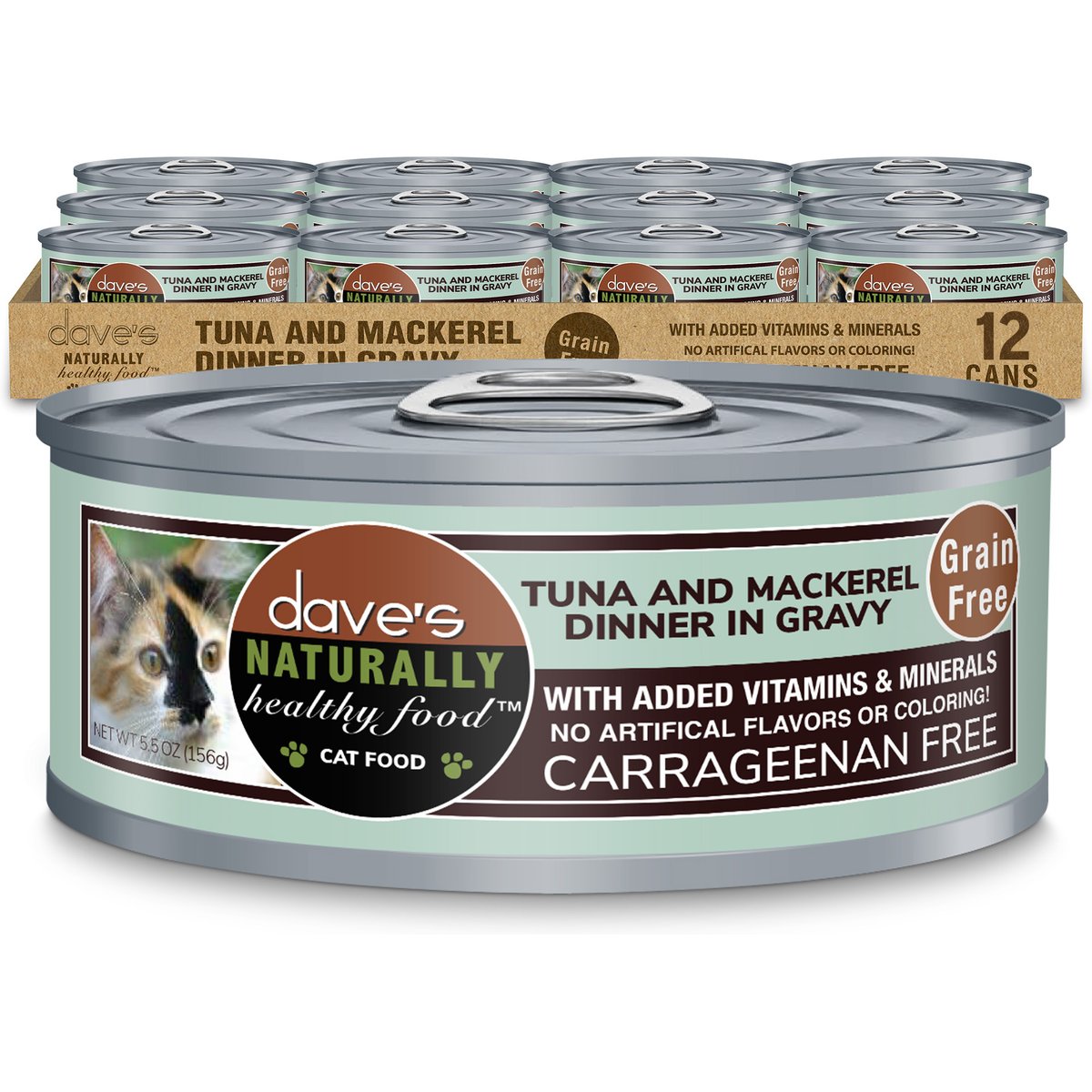 Dave's Pet Food Naturally Healthy Grain-Free Grilled Tuna & Mackerel Dinner in Gravy Wet Cat Food, 5.5-oz can, case of 12