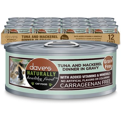 Dave's Pet Food Dave's Pet Food Naturally Healthy Grain-Free Grilled Tuna & Mackerel Dinner in Gravy Wet Cat Food, 5.5-oz can, case of 12