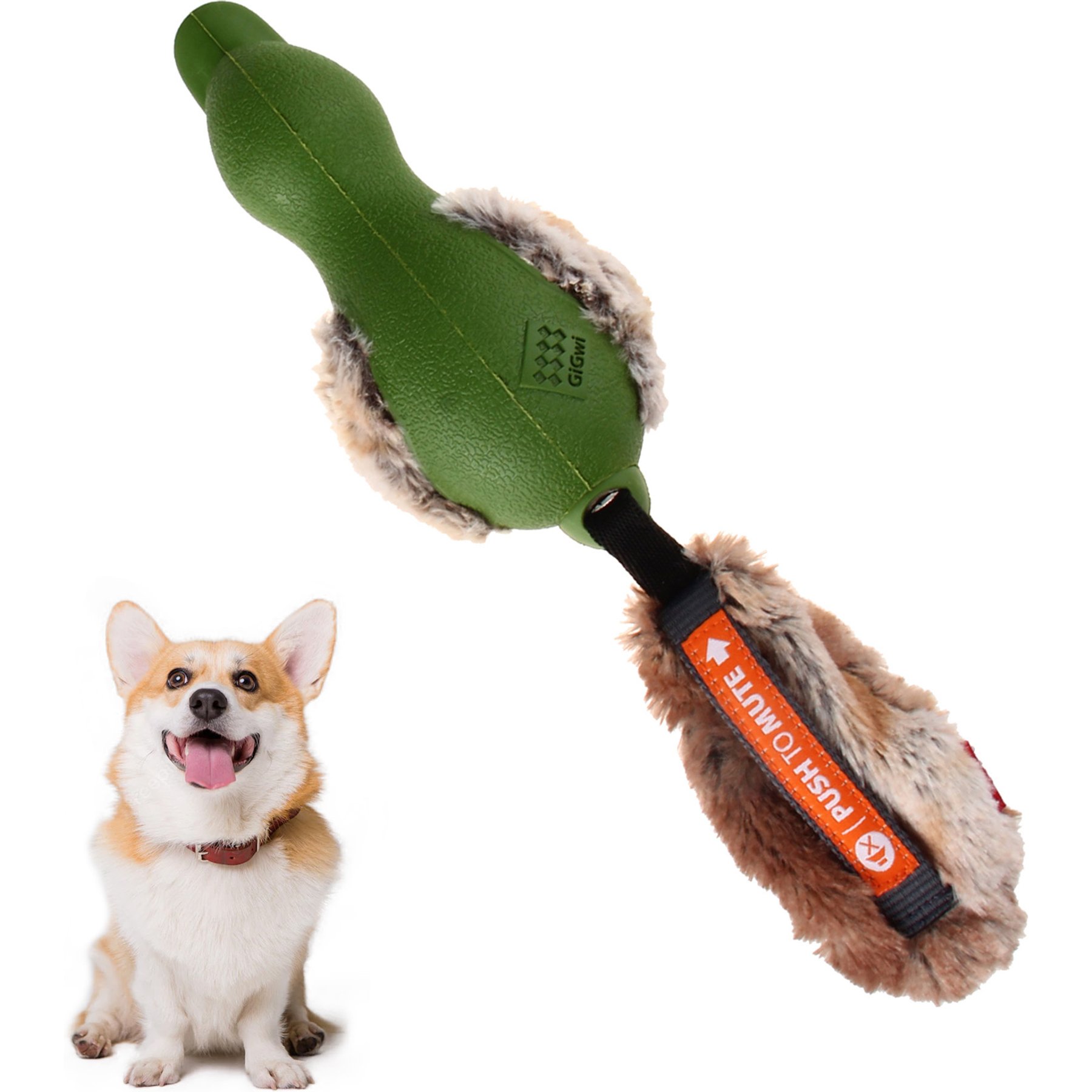 Gigwi Push to Mute Duck Squeaky Plush Rubber Dog Toy, Green
