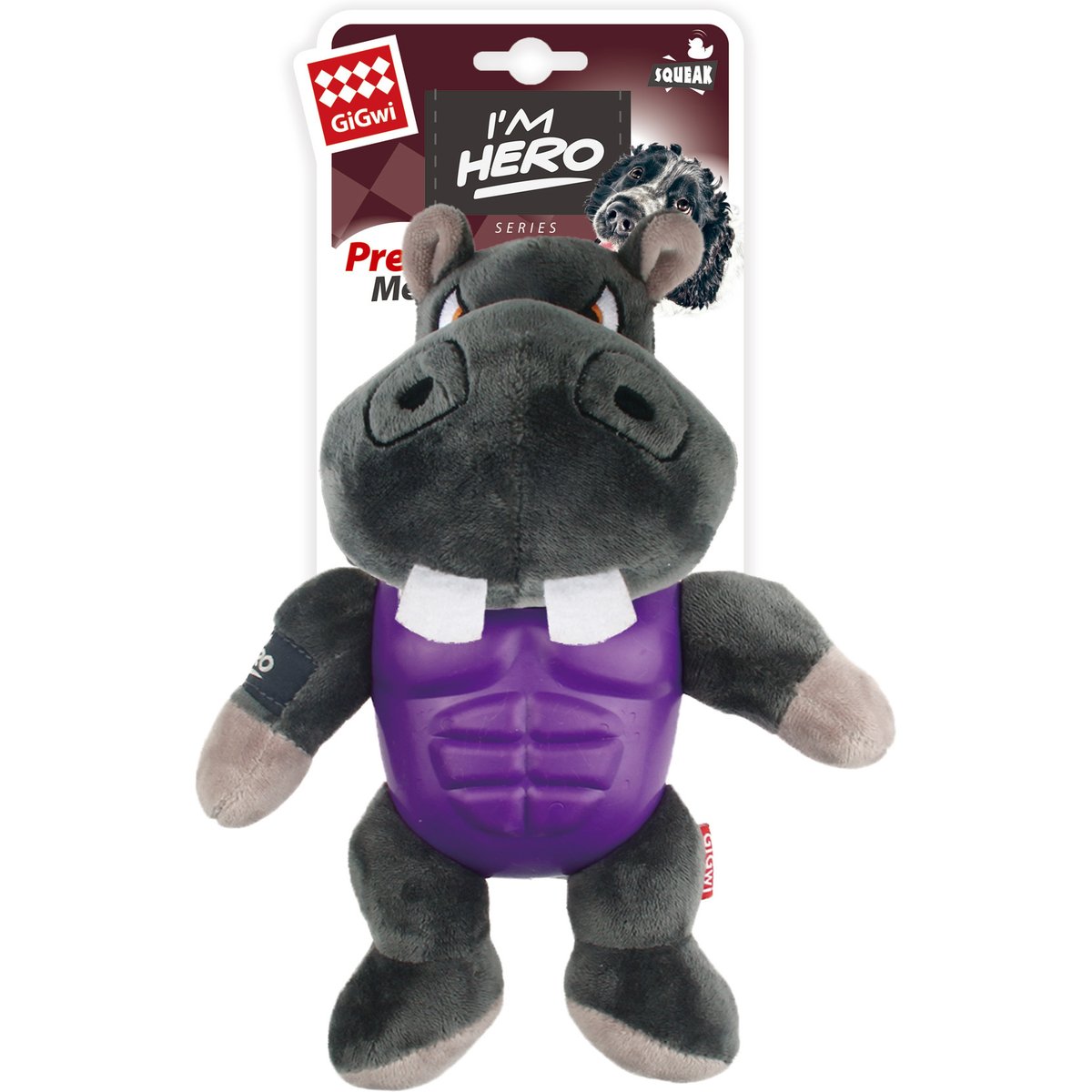Gigwi Armor Warrior Hippo Design Squeaky Plush Dog Toy, Grey