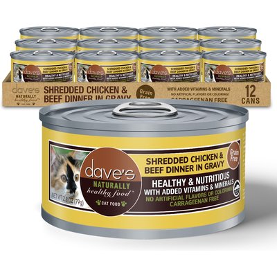 Dave's Pet Food Dave's Pet Food Shredded Chicken & Beef Dinner in Gravy Recipe Grain-Free Canned Wet Cat Food, 2.8-oz can, case of 12