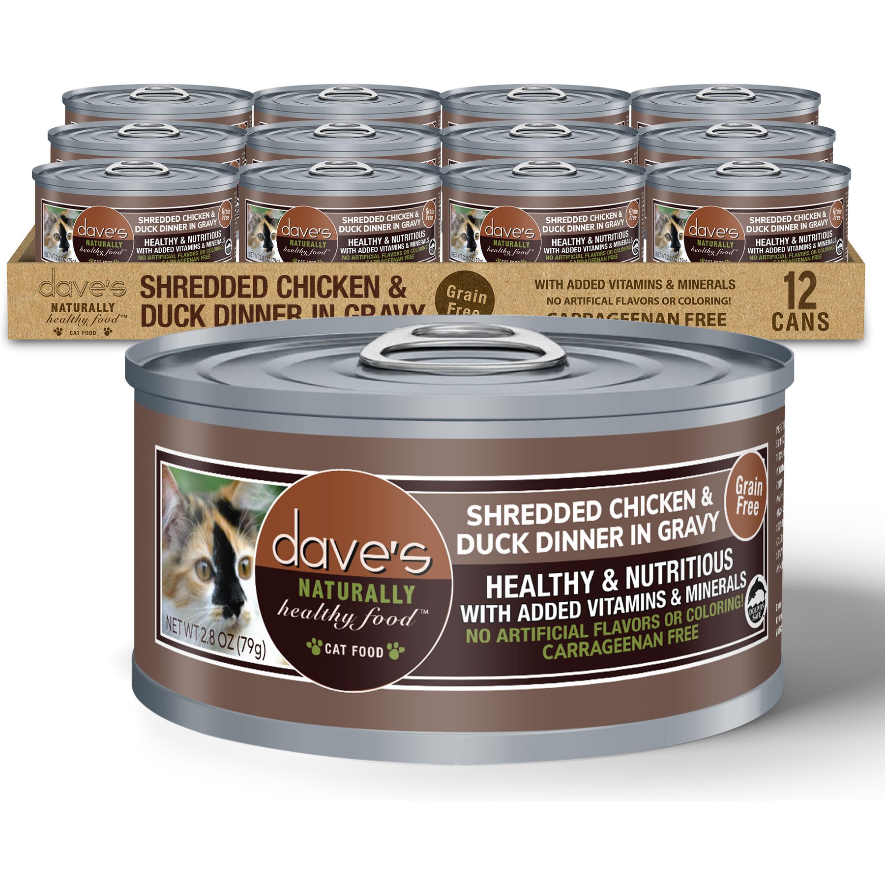 Dave's Pet Food Shredded Chicken & Duck Dinner in Gravy Recipe Grain-Free Canned Wet Cat Food, 2.8-oz can, case of 12