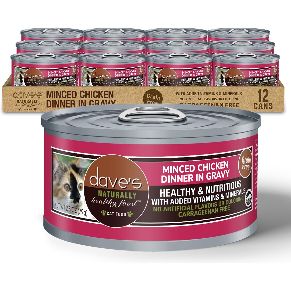 Dave's Pet Food Minced Chicken Dinner in Gravy Recipe Wet Cat Food, 2.8-oz can, case of 12