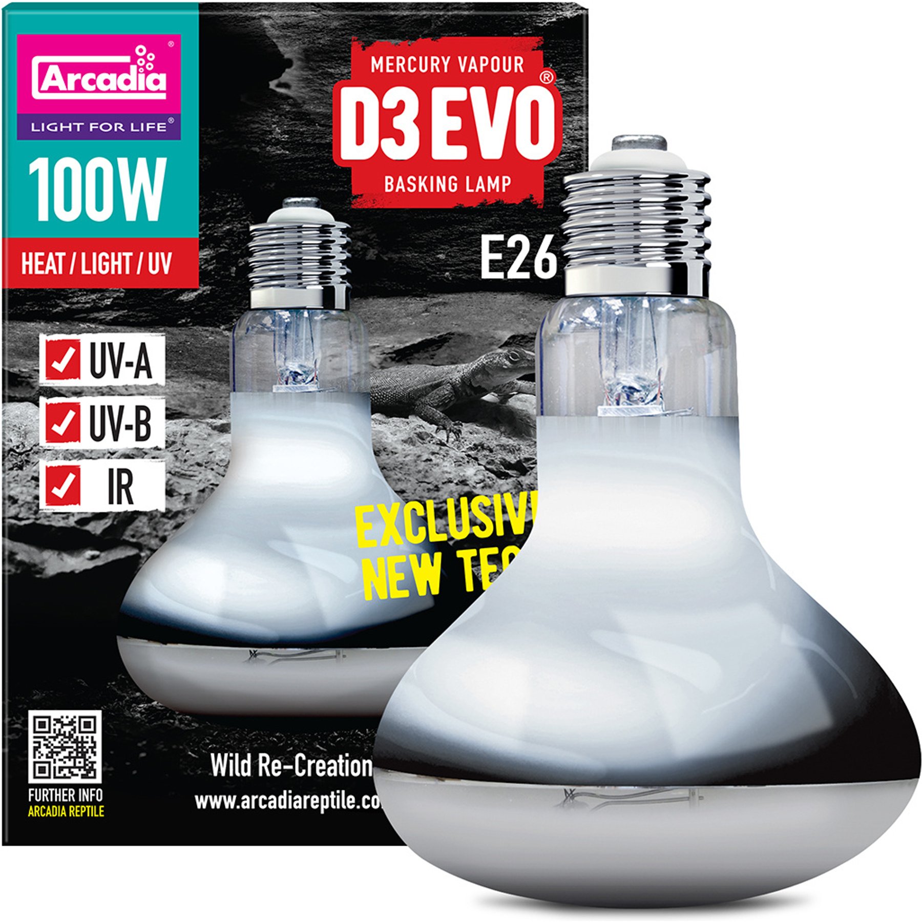 Arcadia Reptile D3Evo UVB Basking Lamp Bulb, 100-watt, 2 count