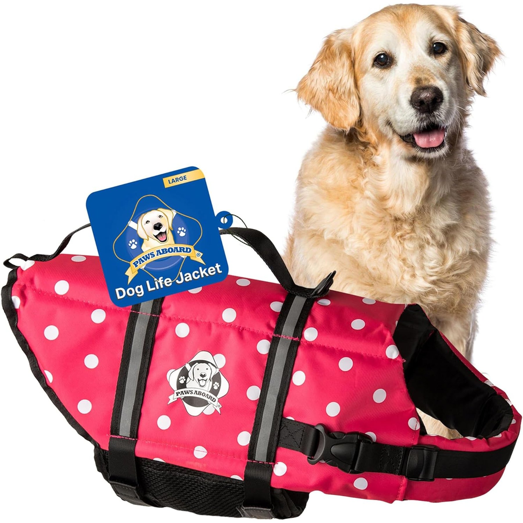 Paws Aboard Pink Polka Dot Dog Life Jacket, Large