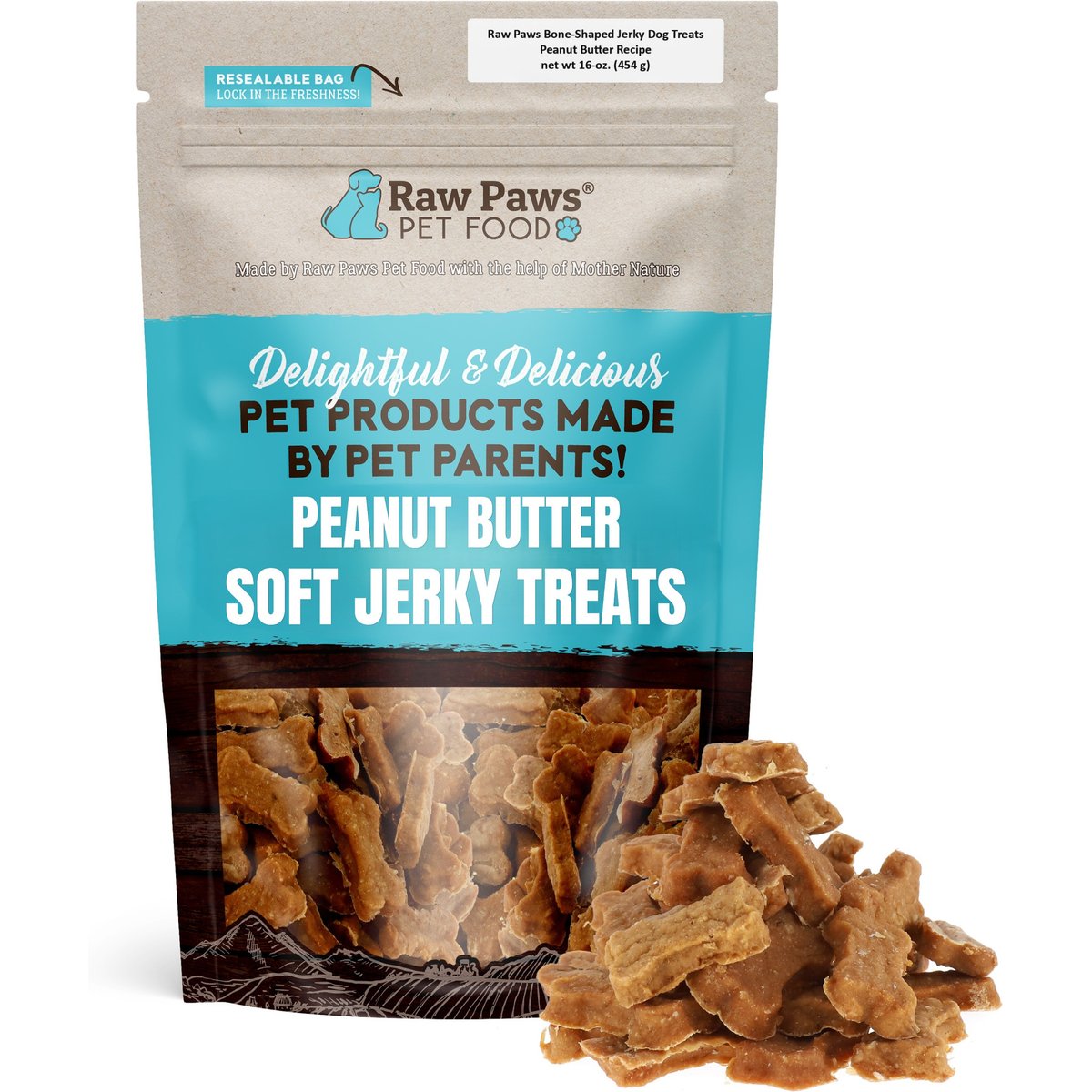 Raw Paws Bone Shaped Peanut Butter & Chicken Soft Dog Jerky Treats, 16-oz bag