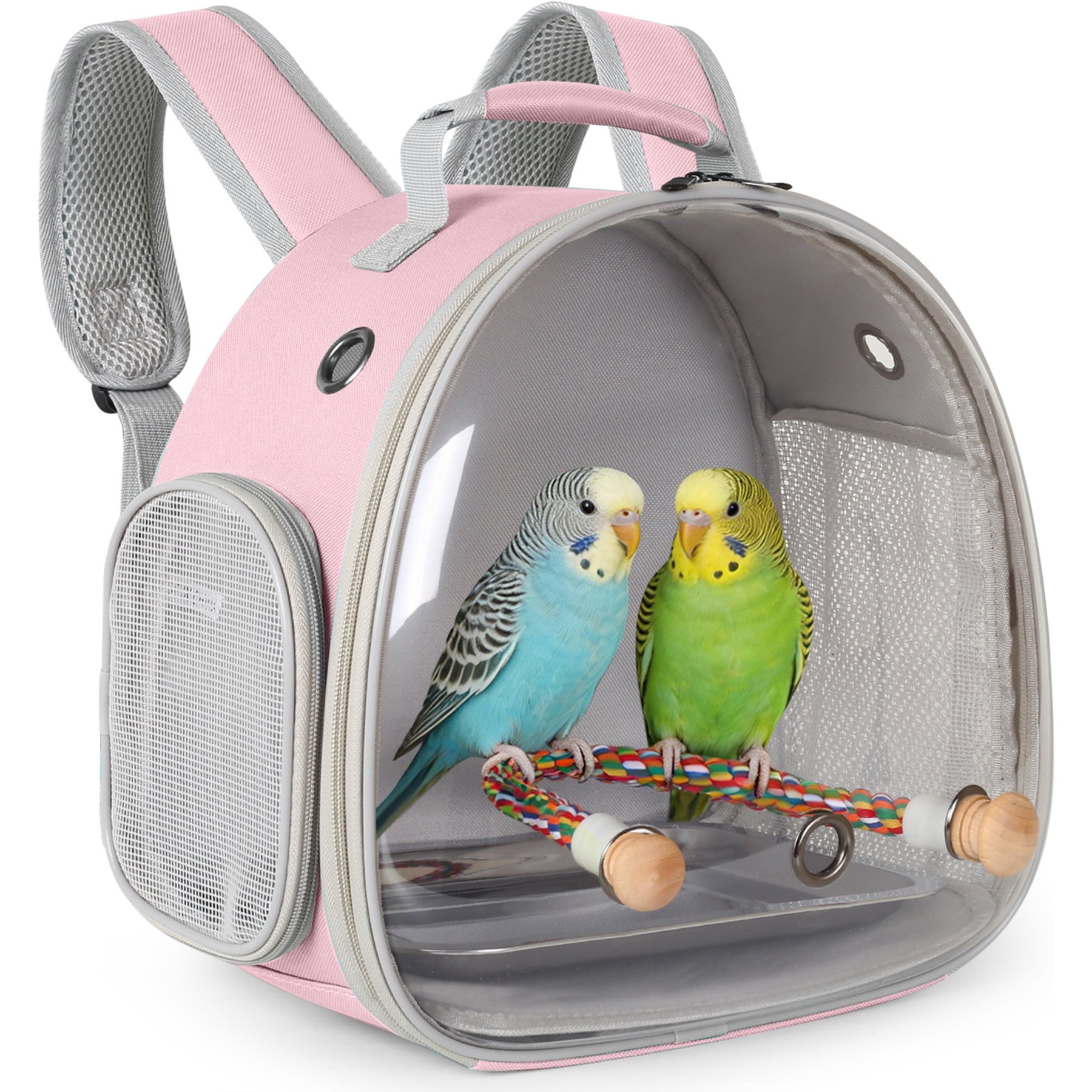 Halinfer Clear Space Capsule Bubble Window Cockatiel Backpack Carrier with Standing Perch & Metal Tray, 2-lb bag, Pink