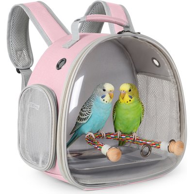 Halinfer Halinfer Clear Space Capsule Bubble Window Cockatiel Backpack Carrier with Standing Perch & Metal Tray, 2-lb bag, Pink