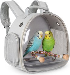 Halinfer Clear Space Capsule Bubble Window Cockatiel Backpack Carrier with Standing Perch & Metal Tray, 2-lb bag, Grey
