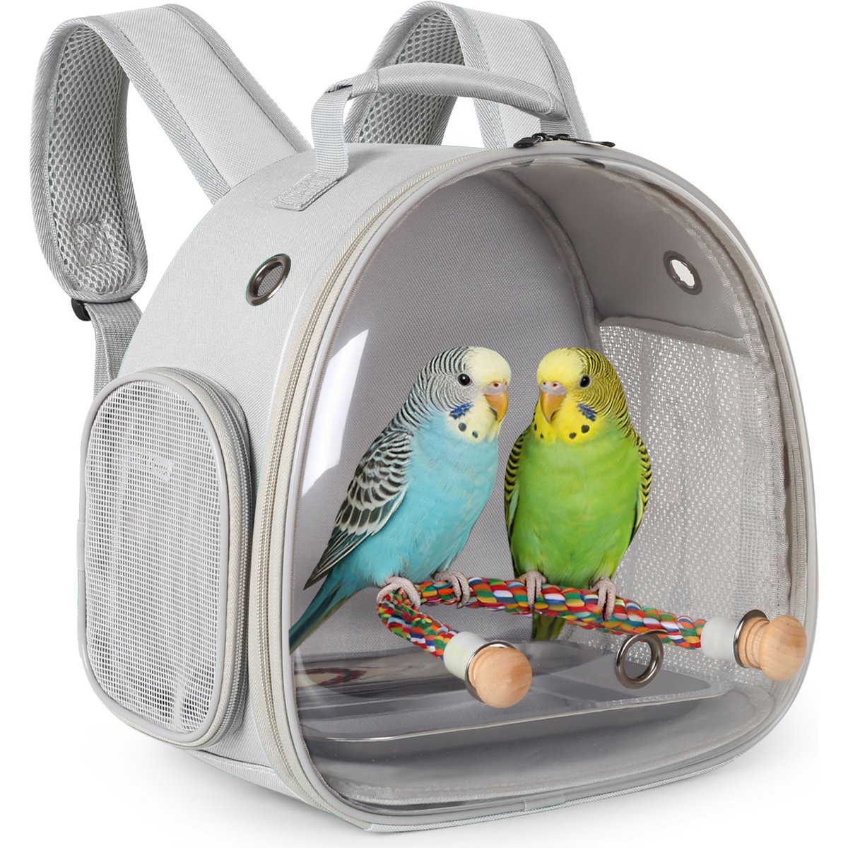 Halinfer Clear Space Capsule Bubble Window Cockatiel Backpack Carrier with Standing Perch & Metal Tray, 2-lb bag, Grey