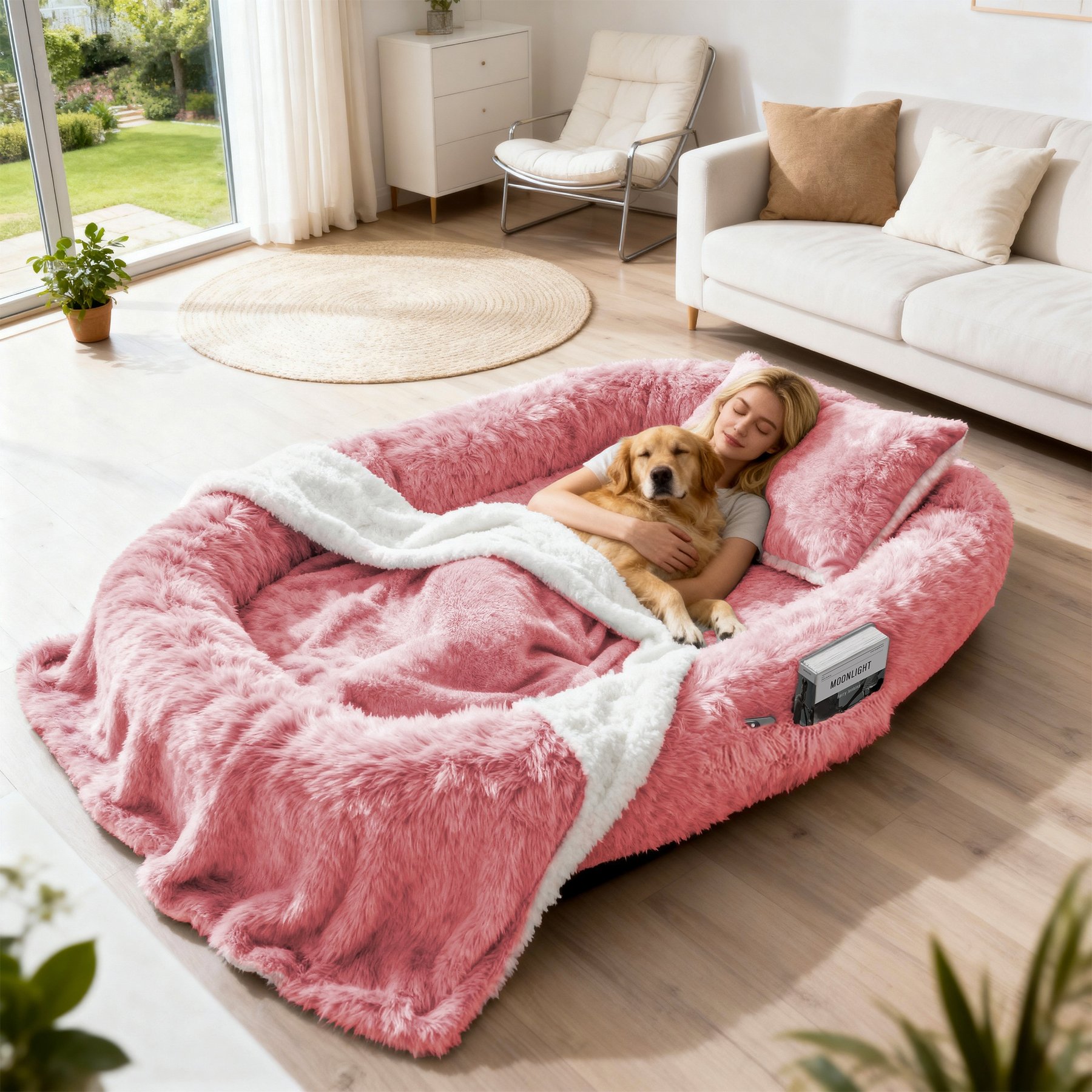 Berenlefe Oversized Orthopedic Memory Foam Lounge Human Dog Bed with Faux Fur, Pillow, Blanket & Non-Slip Bottom, Pink, 78 x 47.3 x 11.8-in