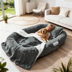 Berenlefe Oversized Orthopedic Memory Foam Lounge Human Dog Bed with Faux Fur, Pillow, Blanket & Non-Slip Bottom, Dark Gray, 70.9 x 45 x 11.8-in