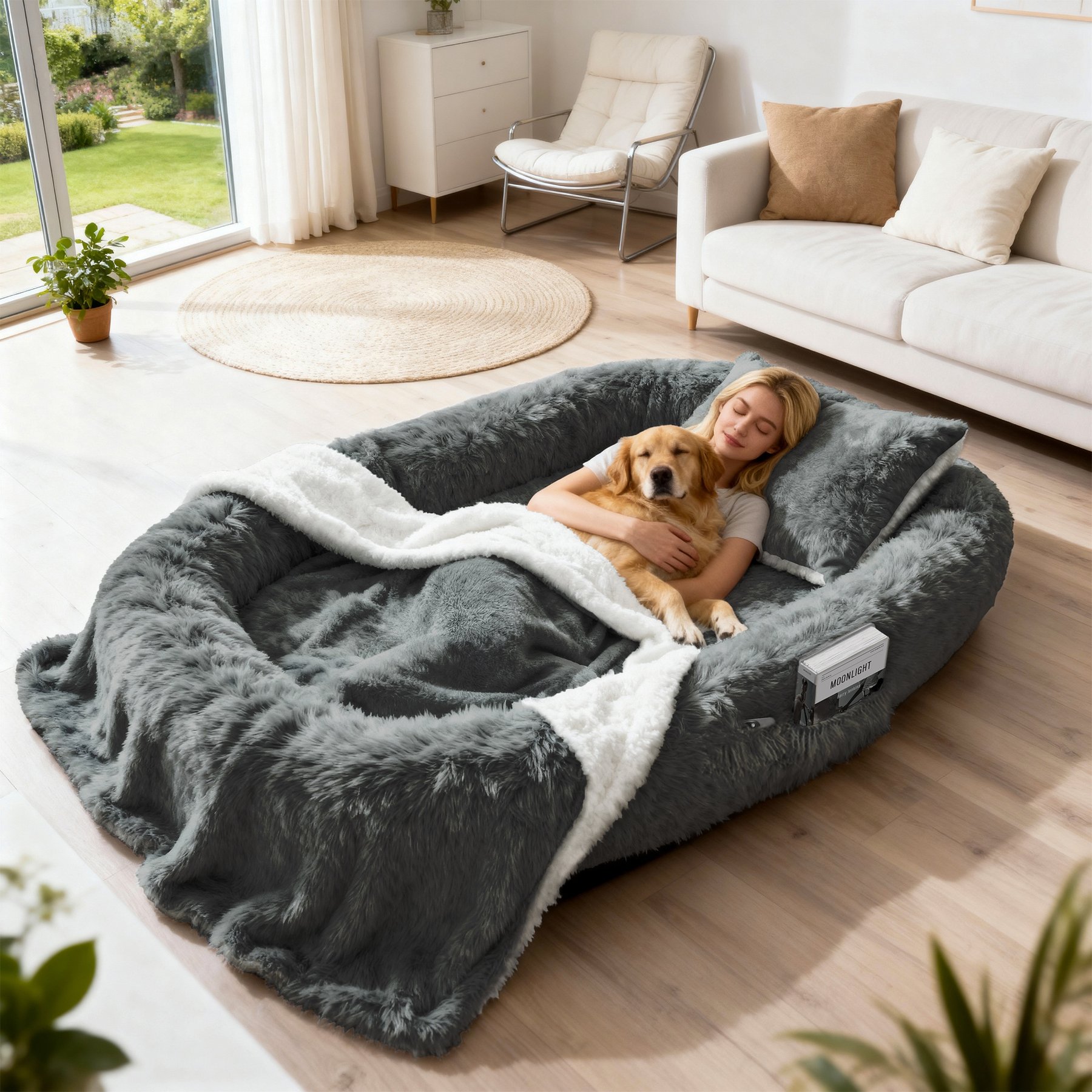 Berenlefe Oversized Orthopedic Memory Foam Lounge Human Dog Bed with Faux Fur, Pillow, Blanket & Non-Slip Bottom, Dark Gray, 78 x 47.3 x 11.8-in