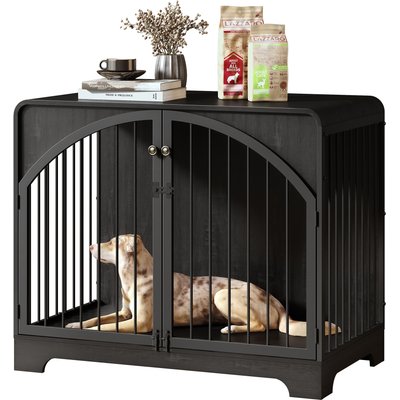 Berenlefe Berenlefe Farmhouse Wooden Kennel Dog Crate with Arched Doors & with Metal Bars, Black, 40.16 x 23.6 x 33.35-in