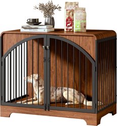 Berenlefe Farmhouse Wooden Kennel Dog Crate with Arched Doors & with Metal Bars, Brown, 40.16 x 23.6 x 33.35-in