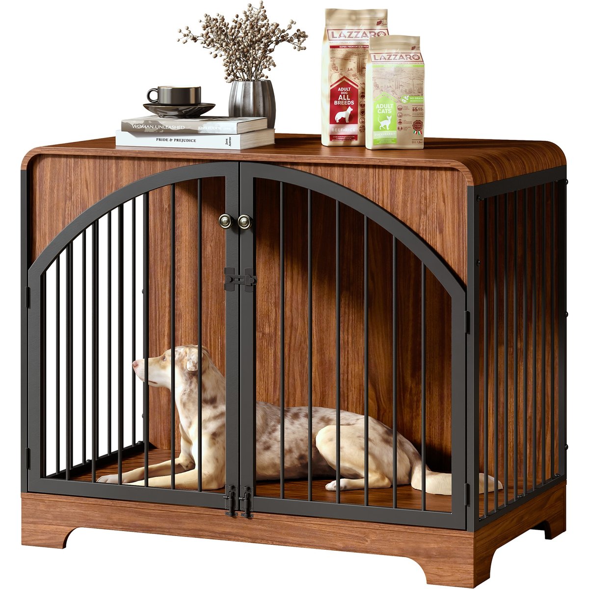 Berenlefe Farmhouse Wooden Kennel Dog Crate with Arched Doors & with Metal Bars, Brown, 40.16 x 23.6 x 33.35-in