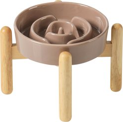 Havniva Anti-Gulping Slow Feeder Elevated Dog Bowl with Wooden Stand, Brown Coffee, 6.1-in