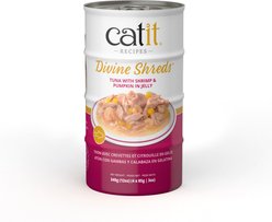 Catit Divine Shreds, Tuna with Shrimp & Pumpkin, Jelly Variety Pack Grain-Free Wet Cat Food, 3-oz can, 4 count