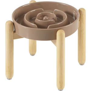 Havniva Anti-Gulping Slow Feeder Elevated Dog Bowl with Wooden Stand, Brown Coffee, 9.5-in