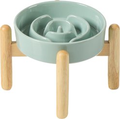 Havniva Anti-Gulping Slow Feeder Elevated Dog Bowl with Wooden Stand, Light Green, 6.1-in