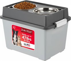IRIS WeatherPro Airtight Elevated Dog Feeder with Food Storage Container & Bowls in Lid, Grey, Large: 8-cup