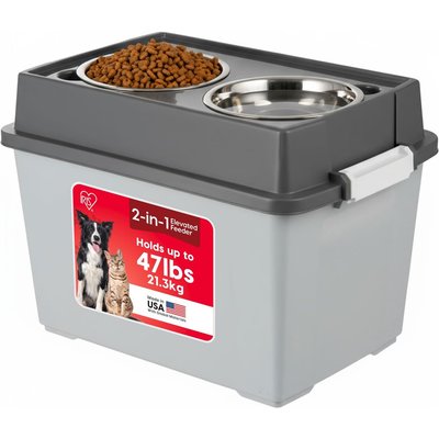 IRIS IRIS WeatherPro Airtight Elevated Dog Feeder with Food Storage Container & Bowls in Lid, Grey, Large: 8-cup