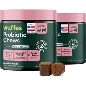 Wuffes Digestive Probiotics Gut Support with Digestive Enzymes Pork Liver Flavored Soft Chew Supplement for Dogs, 60 count, case of 2