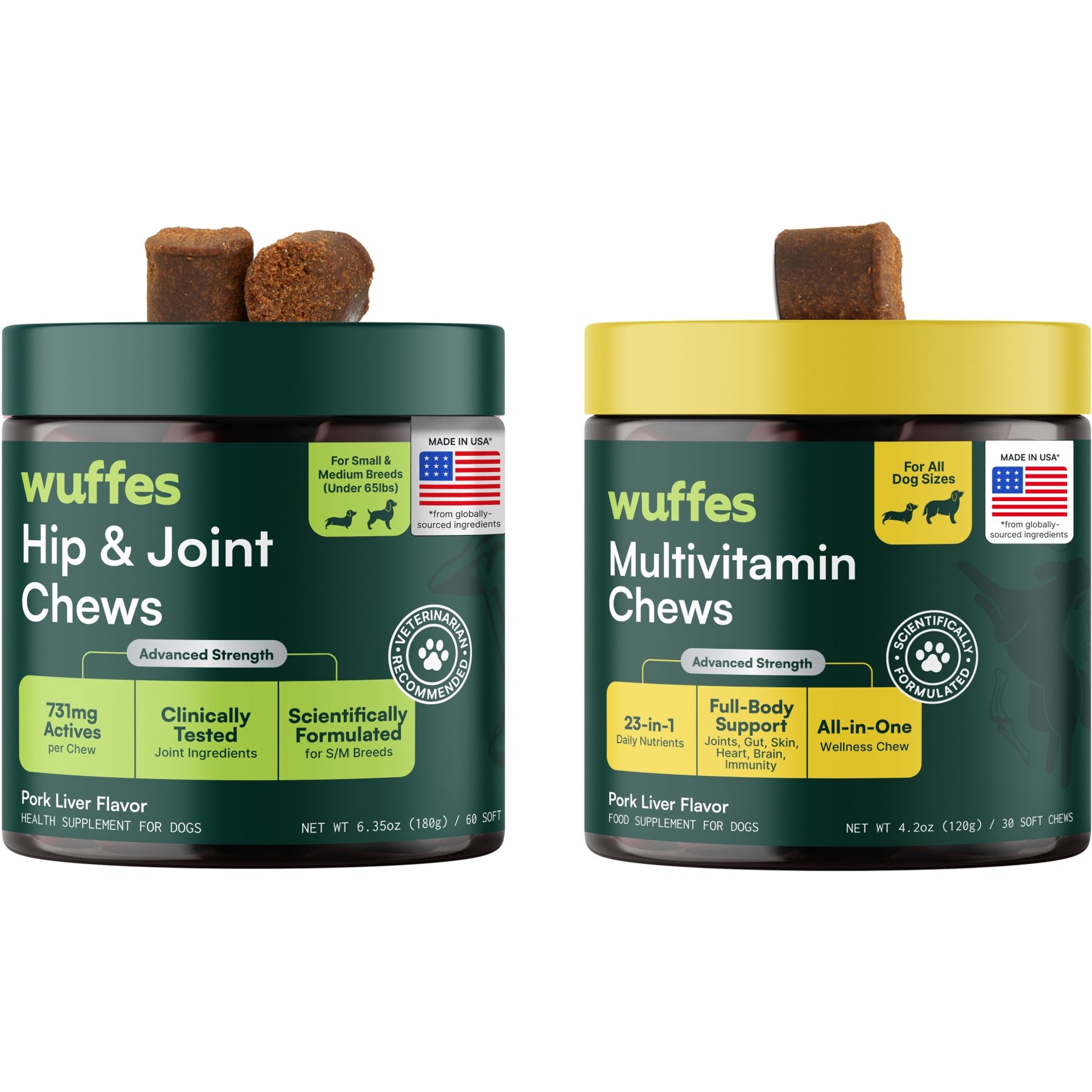 Wuffes Hip & Joint Chews for Small & Medium Breed + 23-in-1 Multivitamin Pork Liver Flavored Soft Chew Supplement Bundle for Dogs, 60 count