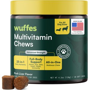 Wuffes 23-in-1 Multivitamin for Hip & Joint, Skin & Coat & Immune Support with Omega 3 Pork Liver Flavored Soft Chew Supplement for Dogs, 30 Count