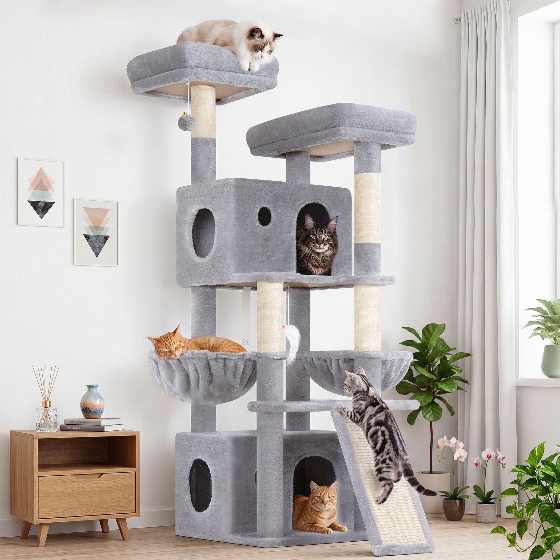 Globlazer Scratcher 64-in Plush Condo Cat Tree, Light Gray