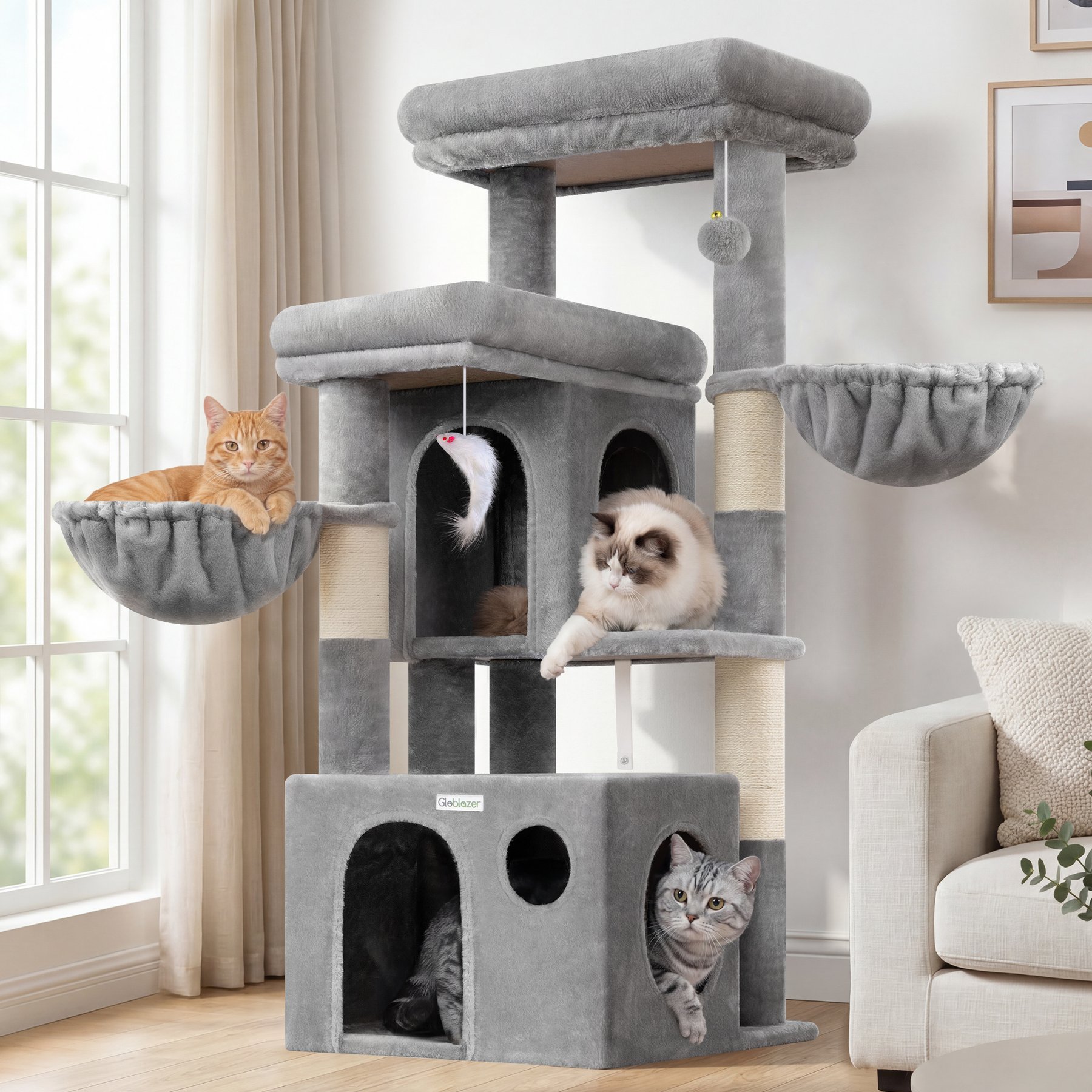 Globlazer 48-in Plush Condo Cat Tree, Light Gray