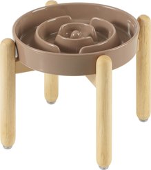 Havniva Anti-Gulping Slow Feeder Elevated Dog Bowl with Wooden Stand, Brown Coffee, 7.3-in