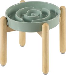 Havniva Anti-Gulping Slow Feeder Elevated Dog Bowl with Wooden Stand, Light Green, 7.3-in