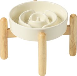 Havniva Anti-Gulping Slow Feeder Elevated Dog Bowl with Wooden Stand, Beige, 6.1-in