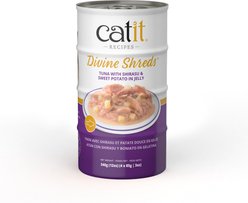 Catit Divine Shreds, Tuna with Shirasu & Sweet Potato, Jelly Variety Pack Grain-Free Wet Cat Food, 3-oz can, 4 count