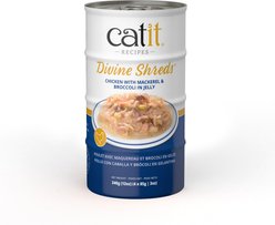 Catit Divine Shreds, Chicken with Mackerel & Broccoli, Jelly Variety Pack Grain-Free Wet Cat Food, 3-oz can, 4 count