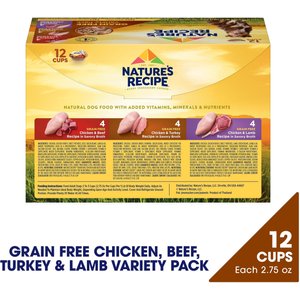 Nature's Recipe Grain-Free Chicken & Beef Recipe, Chicken & Turkey Recipe & Chicken & Lamb Recipe in Savory Broth Variety Pack Wet Dog Food, 2.75-oz, case of 12