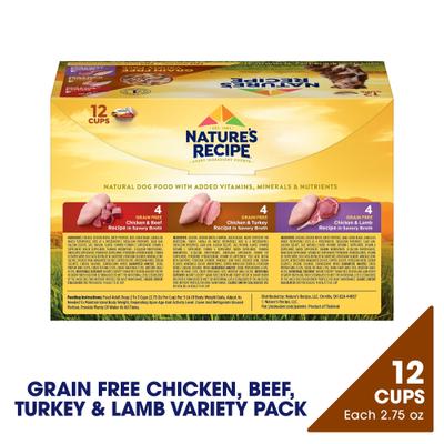 Show full view: Nature's Recipe Grain-Free Chicken & Beef Recipe, Chicken & Turkey Recipe & Chicken & Lamb Recipe in Savory Broth Variety Pack Wet Dog Food, 2.75-oz, case of 12 slide 3 of 12