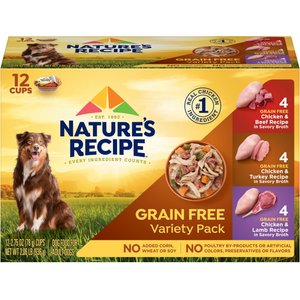 Nature's Recipe Grain-Free Chicken & Beef Recipe, Chicken & Turkey Recipe & Chicken & Lamb Recipe in Savory Broth Variety Pack Wet Dog Food, 2.75-oz, case of 12